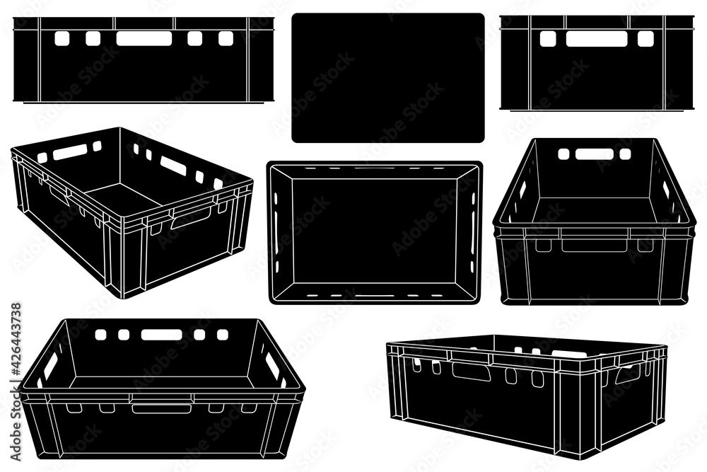 Set of plastic fruit and vegetables crates in different positions