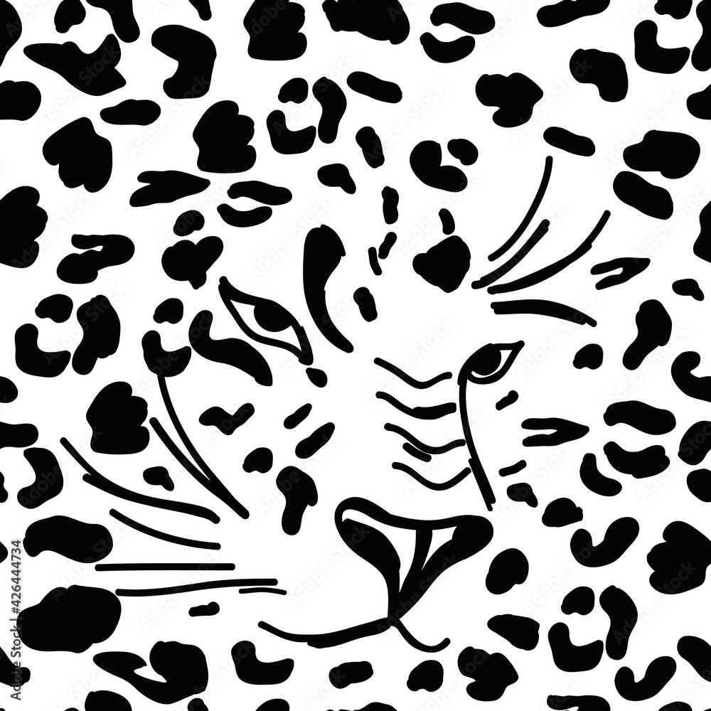 Seamless pattern with black spots and leopard face. Trendy animal print. Cheetah, leopard skin, sketch vector drawing on white background. Illustration with animal head, monochrome design for apparel