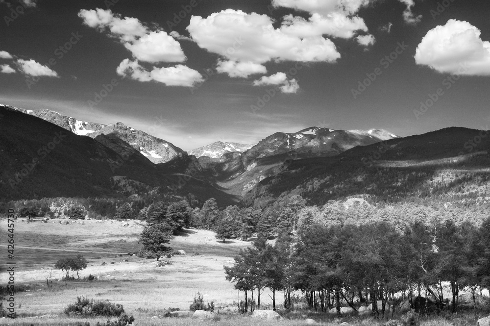 Moraine Park on a sunny afternoon, Rocky Mountain National Park, showing meadows and mountains Moraine Park on a sunny afternoon, Rocky Mountain National Park, showing meadows and mountains