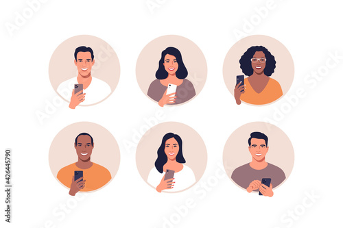 Avatar profile picture icon set including male and female with mobile phone in hands. Vector illustration.