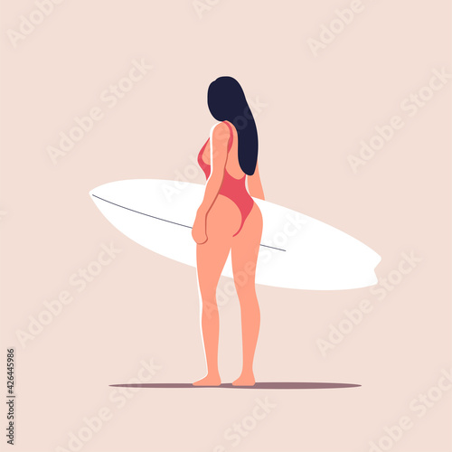 Active vacation. Attractive young woman in red swimsuit is walking with white surfboard in hands. Vector illustration.