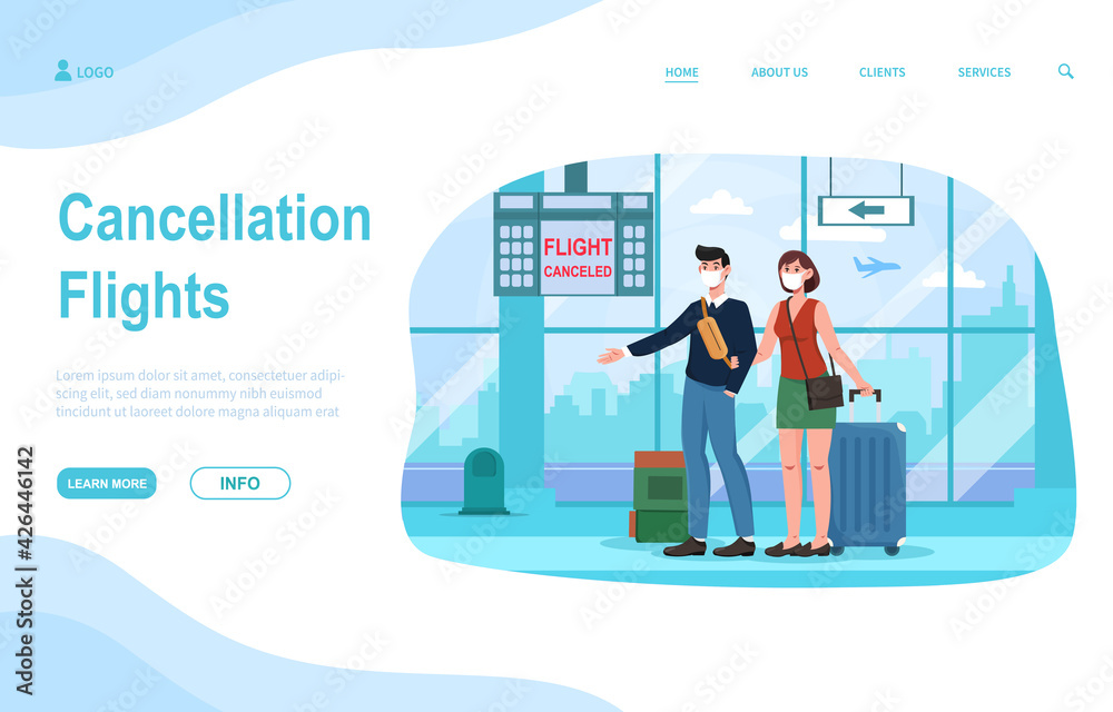 Couple standing in airport with flight cancellation sign on board Couple standing in airport with flight cancellation sign on board