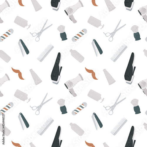 Seamless pattern hairdressing in doodle on white background.