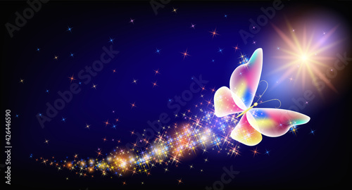 Flying delightful butterfly with sparkle and blazing trail flying in night sky among shiny glowing stars in cosmic space. Animal protection day concept.