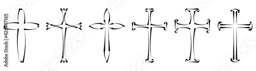 Vector collection of black ink or paint religion or faith cross symbol set isolated on white background. Abstract christian religious belief or faith art illustration for orthodox or catholic design