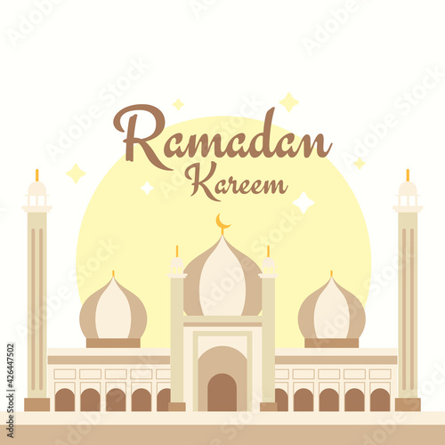 Ramadan Kareem poster, mosque flat illustration vector banner