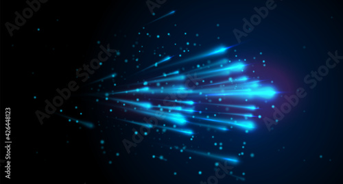 Blue light speed vector background with lines, dot particles on dark backdrop. Abstract comet star flow in the universe