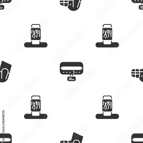Set Dog in muzzle, Collar with name tag and Cat scratching post on seamless pattern. Vector