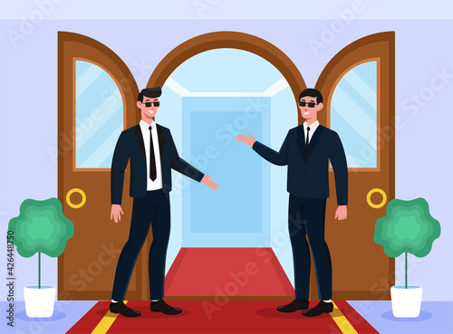 Two male smiling bodyguards are welcoming at doors on red carpet