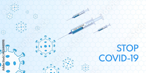 Vaccine syringes are about to hit viral cells. Concept banner of vaccine Stop Coronavirus. Preparing for global vaccination against Coronavirus. Immunization campaign concept.