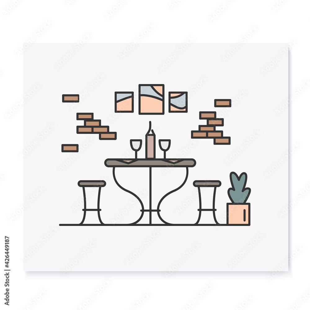 Kitchen color icon.Dining room with dinner table and chairs.Home interior and household lifestyle concept.Kitchenware, furniture and decoration.Isolated vector illustration Kitchen color icon.Dining room with dinner table and chairs.Home interior and household lifestyle concept.Kitchenware, furniture and decoration.Isolated vector illustration