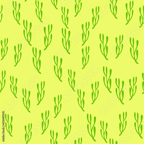 Abstract botanic seamless summer pattern with green random little branches shapes. Yellow background.