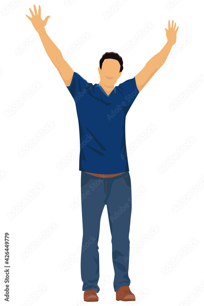 Vector illustration of a man who triumphantly raised his hands up. The portrait of happy handsome man is made in a flat style Vector illustration of a man who triumphantly raised his hands up. The portrait of happy handsome man is made in a flat style