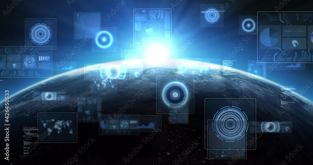 Animation of scopes scanning and data processing on screens over globe with glowing horizon