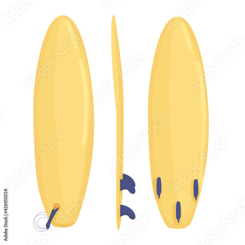 yellow surfboard front, back and side view. surfing as a hobby. active lifestyle, sports. summer fun. vector flat isolated on white background.