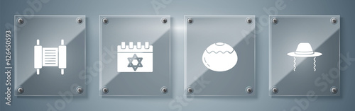Set Orthodox jewish hat, Jewish sweet bakery, calendar and Torah scroll. Square glass panels. Vector