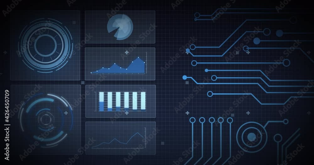 Animation of scope scanning, processor elements and data processing on screens over grid