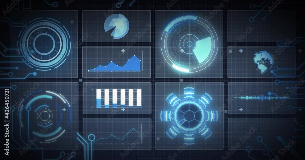 Animation of scope scanning, processor elements and data processing on screens over grid Animation of scope scanning, processor elements and data processing on screens over grid
