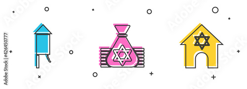 Set Firework rocket, Jewish money bag and synagogue icon. Vector