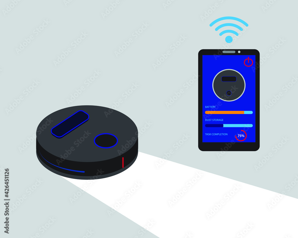 Fototapeta premium A vector of smart robotic vacuum cleaner with smartphone as remote showing the infographic. Smart robotic vacuum cleaner is high demand and user friendly.