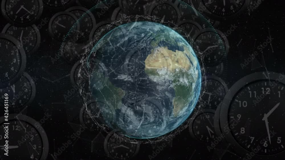 Animation of clocks moving fast over globe spinning