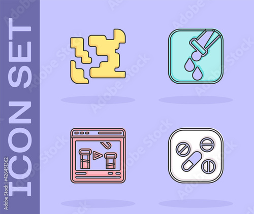 Set Medicine pill or tablet, Gaseous, Chemical online and Test tube and flask icon. Vector