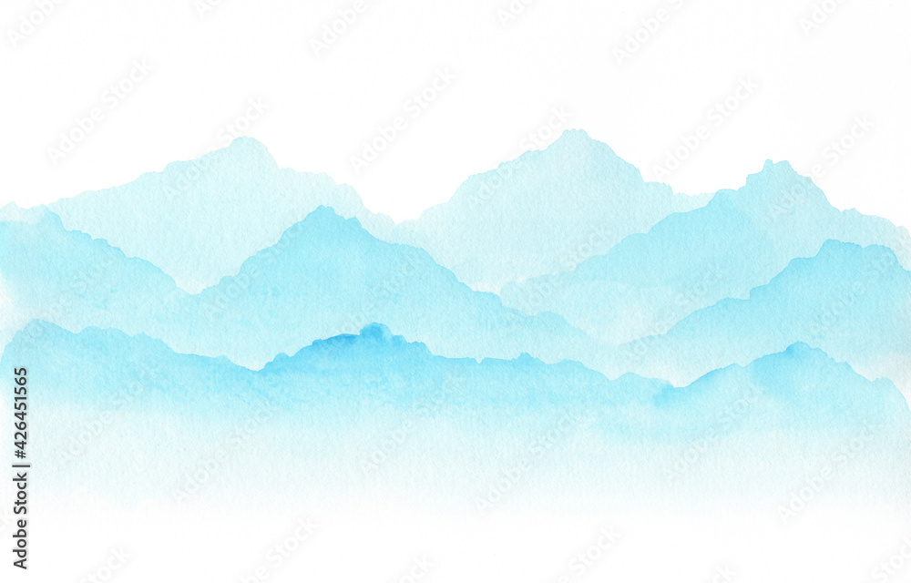 abstract sky-blue watercolor waves mountains on white background