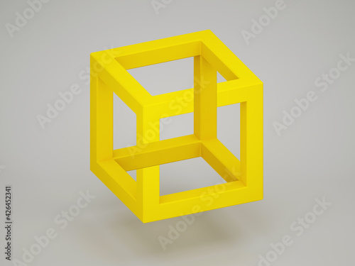 Photography Popular optical illusion with paradoxical yellow cube over light gray background