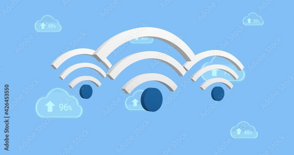 Animation of wifi icons and digital clouds with arrow and percent growing on blue background Animation of wifi icons and digital clouds with arrow and percent growing on blue background