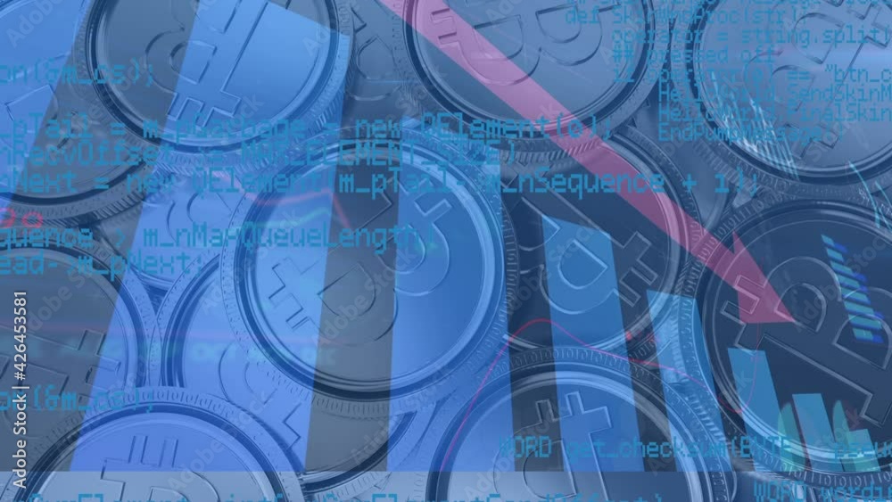 Animation of financial data processing with red arrow descending over bitcoins Animation of financial data processing with red arrow descending over bitcoins