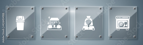 Set Dishwasher machine, Cleaning lady service, Home cleaning and Trash can. Square glass panels. Vector
