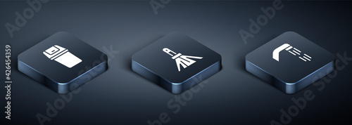 Set Isometric Trash can, Shower head and Handle broom icon. Vector