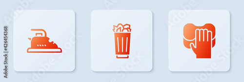 Set Full trash can, Electric iron and Cleaning service. White square button. Vector