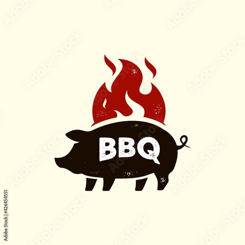 pig , pork on red fire flame mascot rustic Vintage logo icon template suitable for bbq grill restaurant and cafe food business