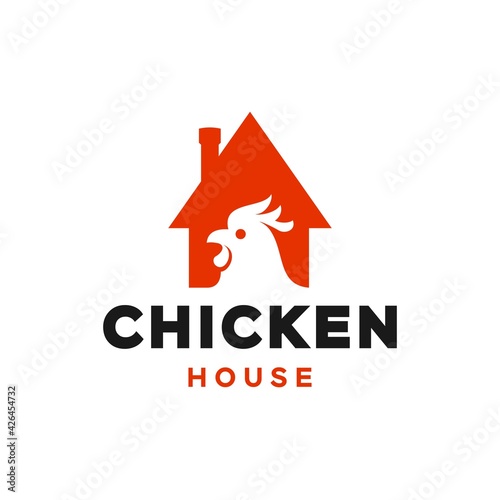 chicken house restaurant concept logo design vector icon, rooster head silhouette negative style with farm house symbol Illustration.
