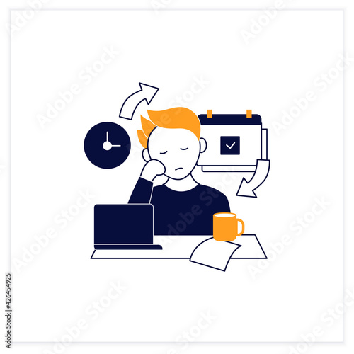 Chronic procrastination flat icon.Unhappy statistic.Tired person at workplace. Routine procrastinating process.Overload concept. Vector illustration