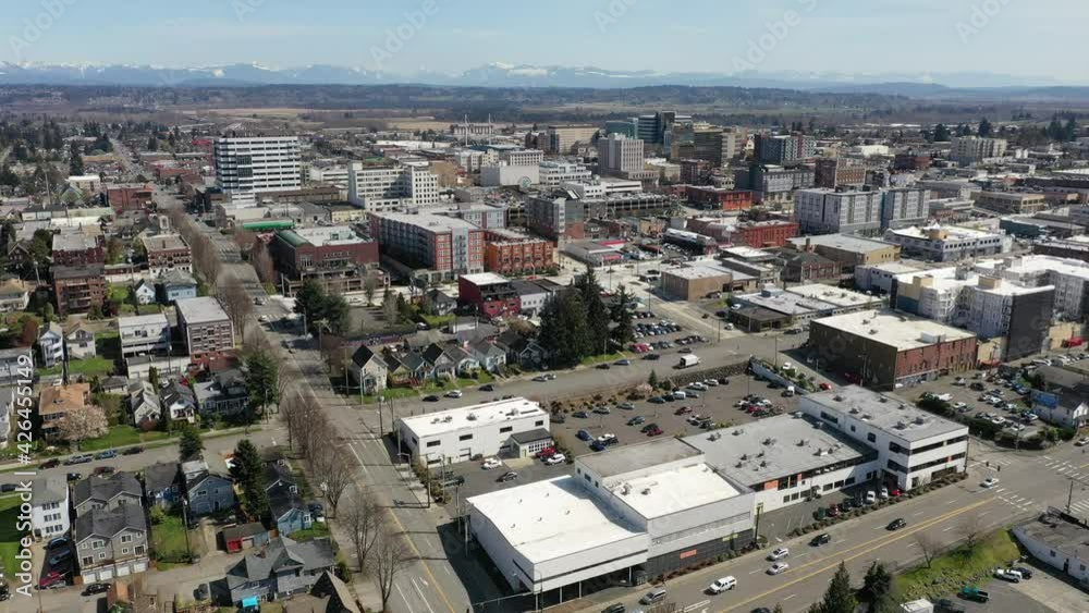 Cinematic aerial drone clip of downtown Everett, Bayside, Port Gardner, neighborhoods near the Boeing Everett Factory, bedroom communities North of Seattle on the shores of Puget Sound in Washington Cinematic aerial drone clip of downtown Everett, Bayside, Port Gardner, neighborhoods near the Boeing Everett Factory, bedroom communities North of Seattle on the shores of Puget Sound in Washington
