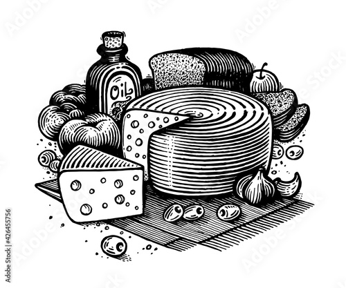 Still life with cheese, vector illustration. Drawing with an ink pen and pencil. Still life with cheese, olive oil, tomatoes, bread, garlic and olives. A collection of farm products.