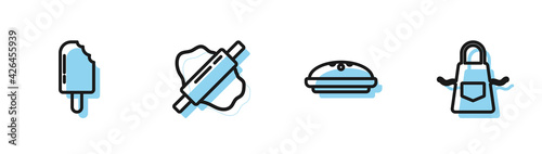 Set line Homemade pie, Ice cream, Rolling pin on dough and Kitchen apron icon. Vector