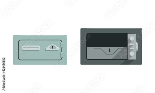 Security Metal Safes Set, Gray Steel Armored Boxes with Lock Key Vector Illustration