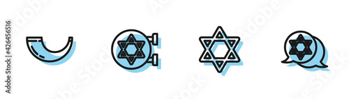 Set line Star of David, Traditional ram horn, shofar, Jewish synagogue and icon. Vector
