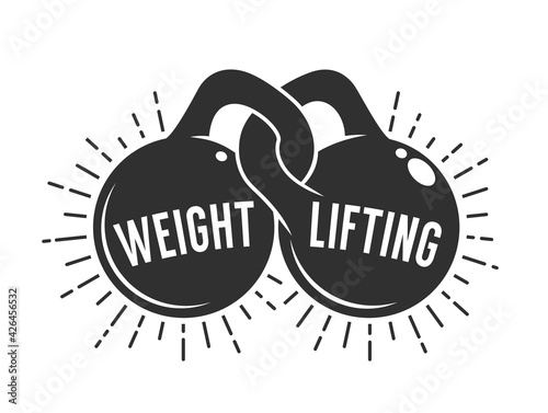 Weight lifting athletic club logo with two kettlebells. Gym vintage emblem. Vector retro illustration.