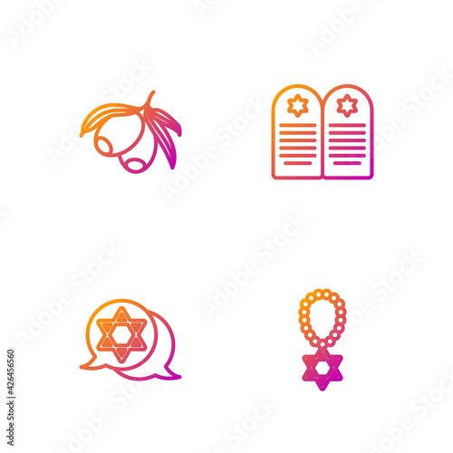 Set line Star of David necklace on chain, , Olives branch and Tombstone with star david. Gradient color icons. Vector
