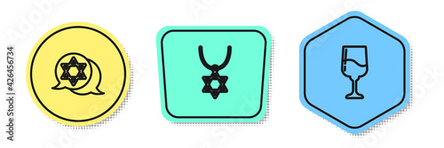 Set line Star of David, necklace on chain and Jewish goblet. Colored shapes. Vector