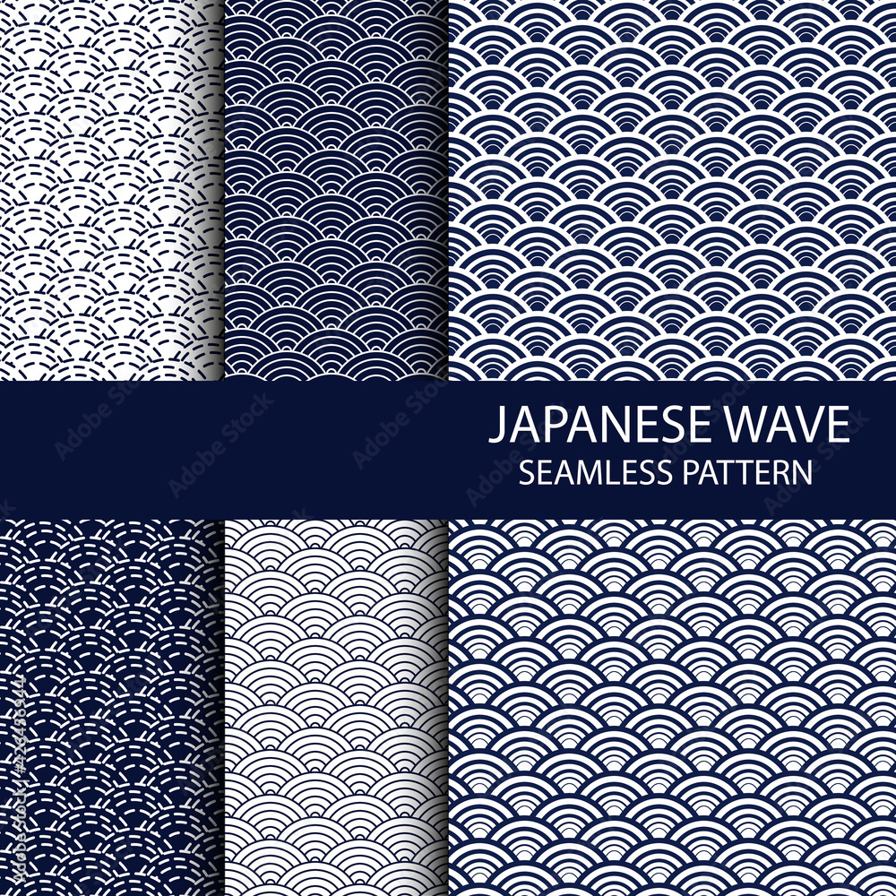 Naklejka Set of Traditional Japanese Folk Seigaiha seamless pattern in indigo colour. Ocean wave background. Fish scale vector illustration.
