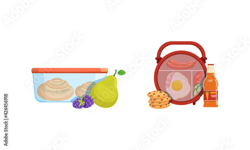 School Lunch Boxes Set, Healthy Food Packages with Pear, Bun, Cookie, Juice Bottle Vector Illustration