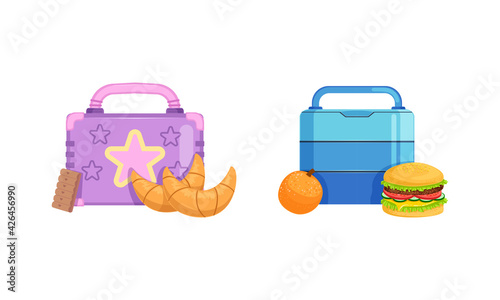 School Lunch Boxes Set, Healthy Food Packages with Croissant, Cookie, Burger Vector Illustration
