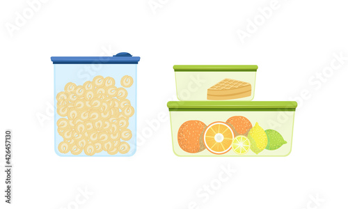 Plastic Containers with Food Set, Lunch Boxes with Healthy Food Vector Illustration