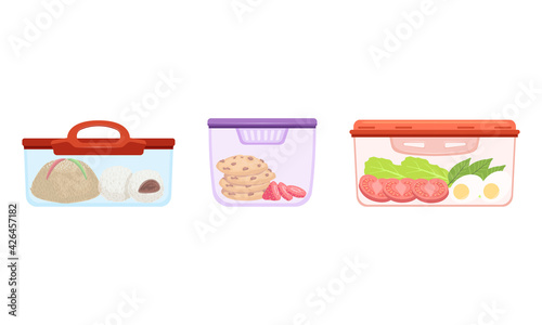 Plastic Containers with Food Set, Lunch Boxes with Cookies, Strawberry, Tomato, Eggs Vector Illustration