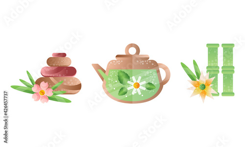 Spa and Beauty Salon Symbols Set, Chamomile Tea in Teapot, Green Bamboo Stems, Massage Stones Vector Illustration